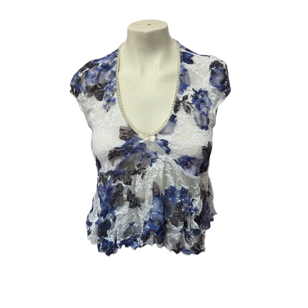 Floral Lace Mesh Peplum Top Blue White Sheer Cap Sleeve Y2K Coquette M Medium